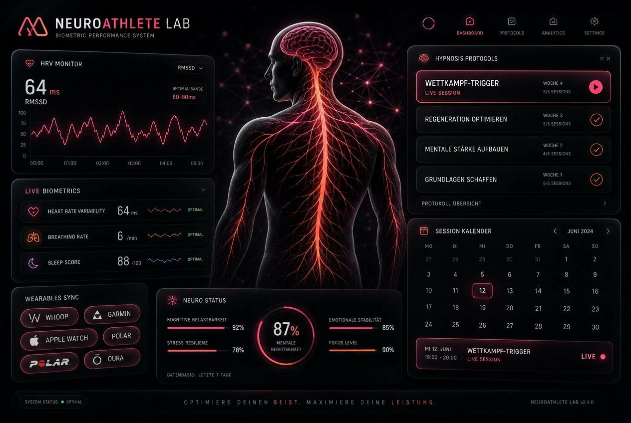 NeuroAthlete Lab — Biometrisches Performance-Dashboard mit HRV-Monitor, Hypnose-Bibliothek, Wearable-Sync und Session-Kalender